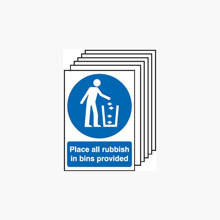 A4 Place All Rubbish In Bins Provided Multipack 6 Self Adhesive Plastic Signs